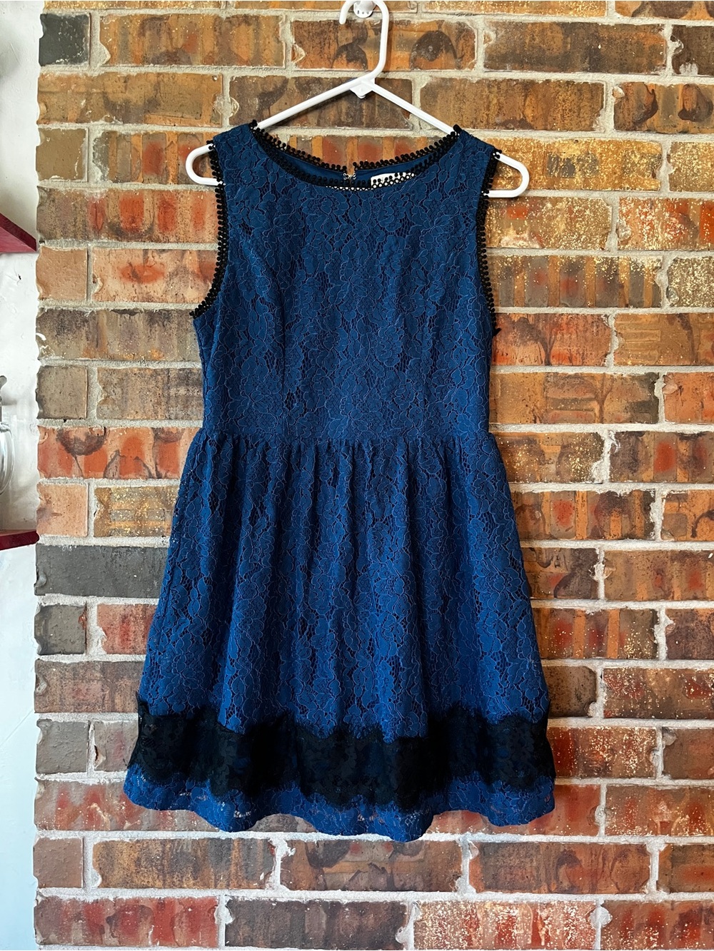 Francesca's Cornelia Lace Trim A-line Dress Size:L Blue & Black Trim